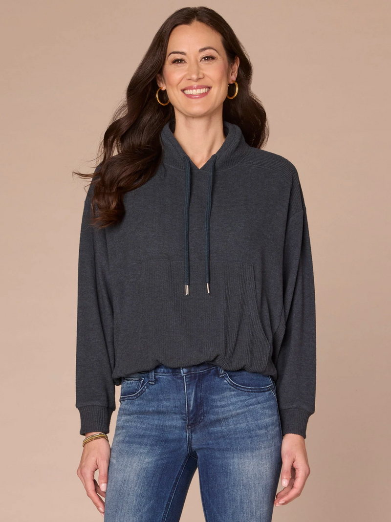 Democracy Long Sleeve Tie Collar Kangaroo Pocket Bubble Hem Knit Top