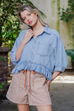 Ruffle Button Down Denim Top
