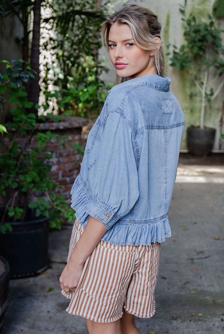 Ruffle Button Down Denim Top