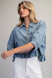 Ruffle Button Down Denim Top