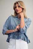 Ruffle Button Down Denim Top