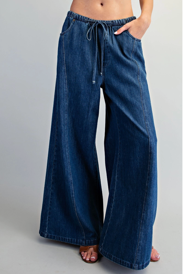 Women's Drawstring Wide Denim Pants