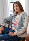 Ladies Denim Mixed Media Bomber Jacket