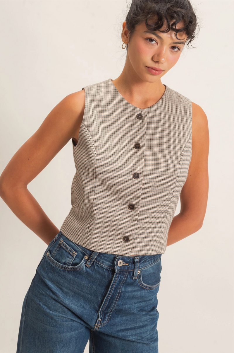 Houndstooth Plaid Button Up Vest
