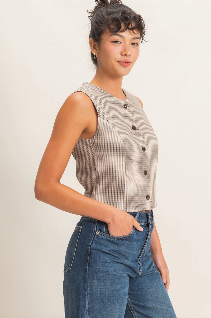 Houndstooth Plaid Button Up Vest
